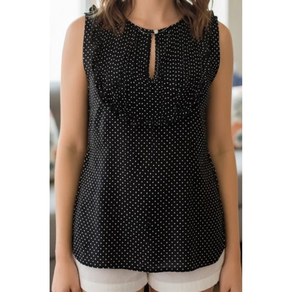 J. Crew Women's 100% Silk Polka Dot Blouse Black Sleeveless Size 6